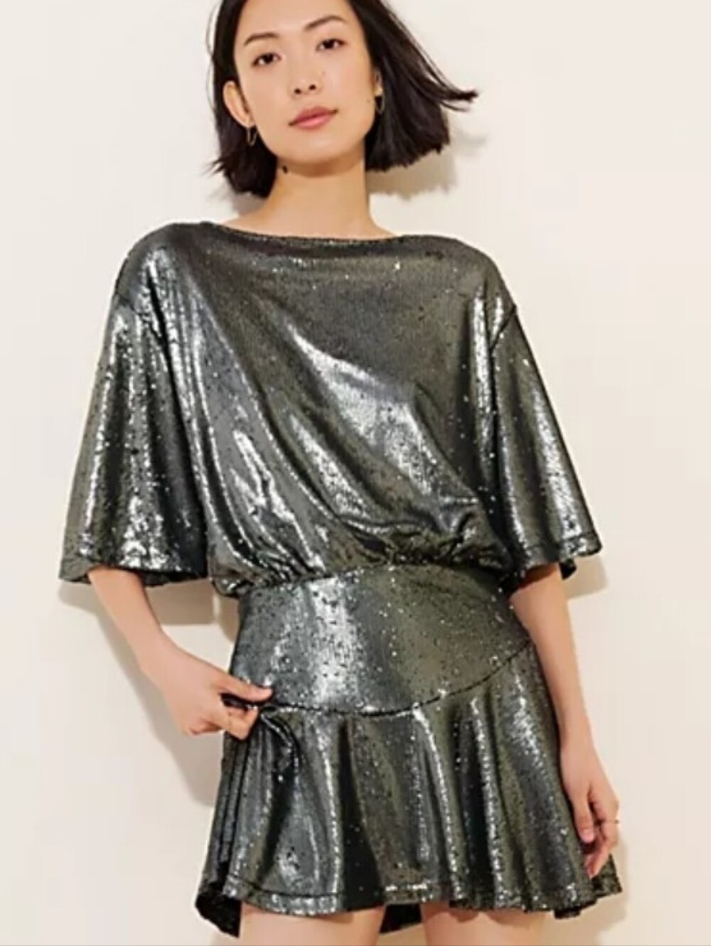 Free People Manuka Shimmering Metallic Silver Sequin Dress Medium